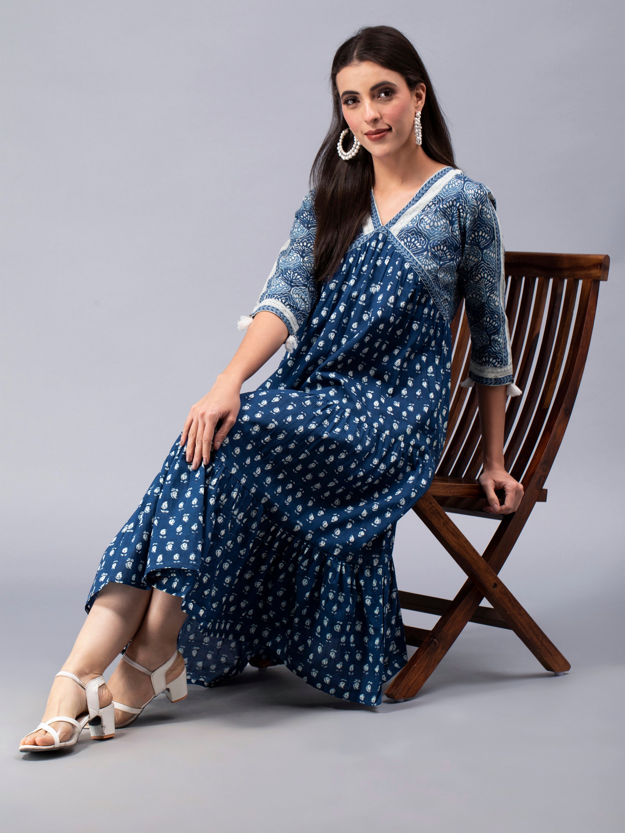 Indigo Cotton Floral Printed Flared Dress